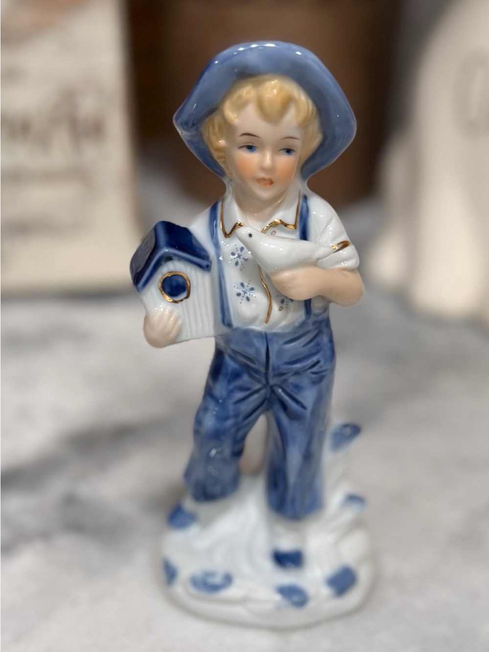 Vintage Made in Korea Child Figurine with Birdhouse & Bird